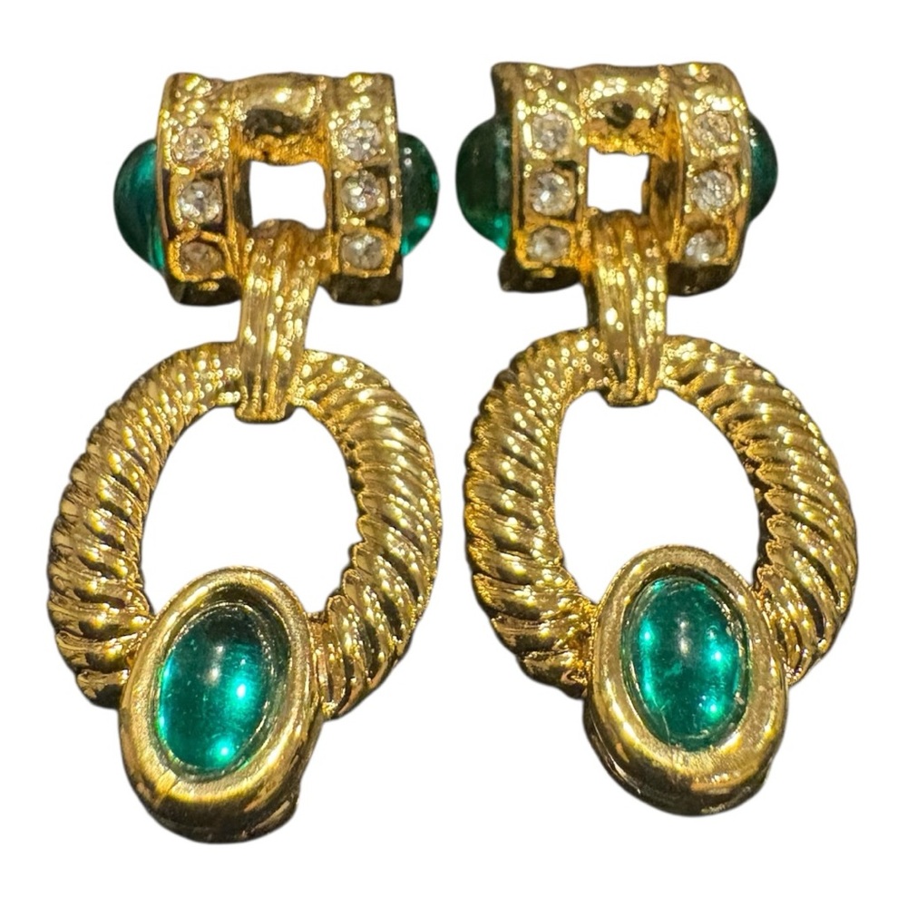 Vintage Gold-Tone Green Cabochon Drop Earrings Texture Rope Design Statement JB9